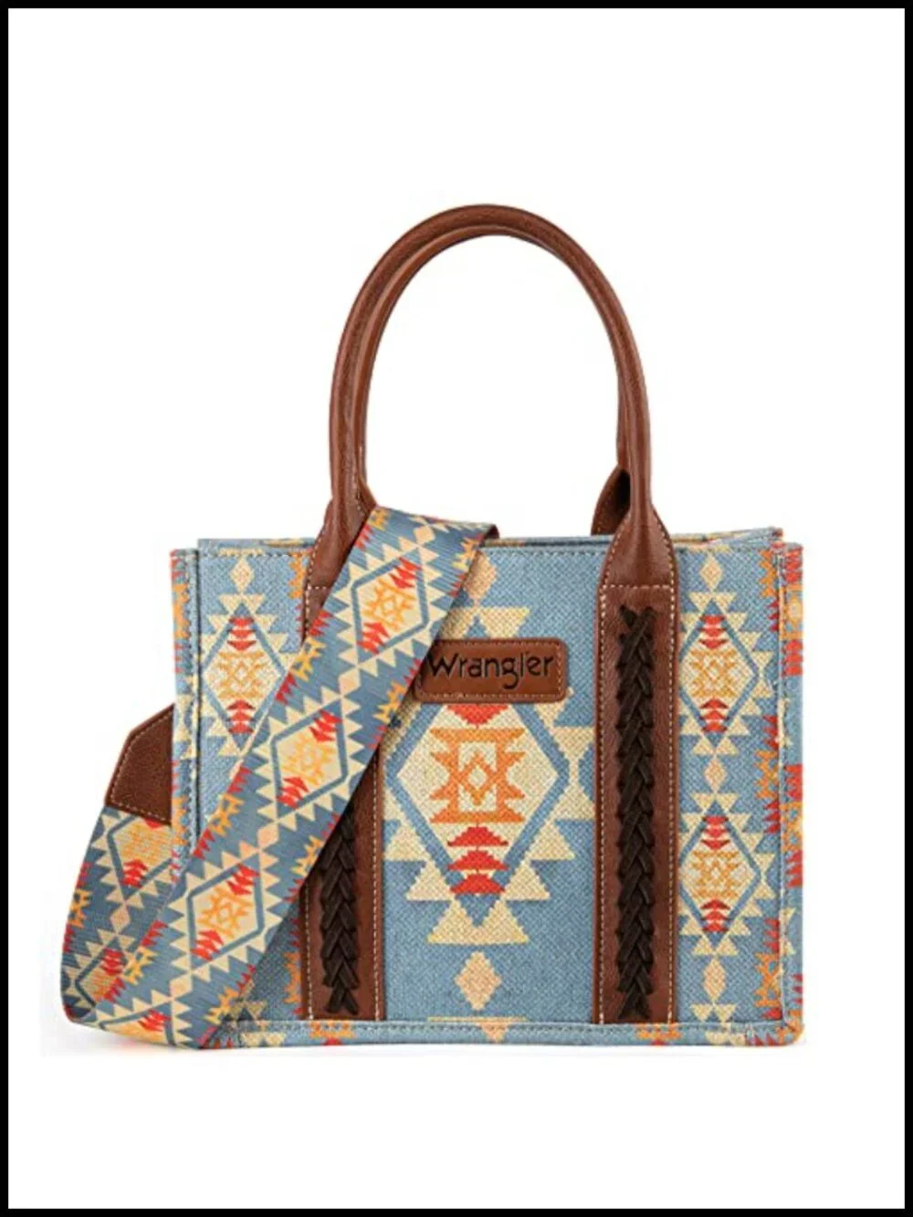 Western Aztec Print Cotton Canvas Tote Bag with Detachable Crossbody Strap